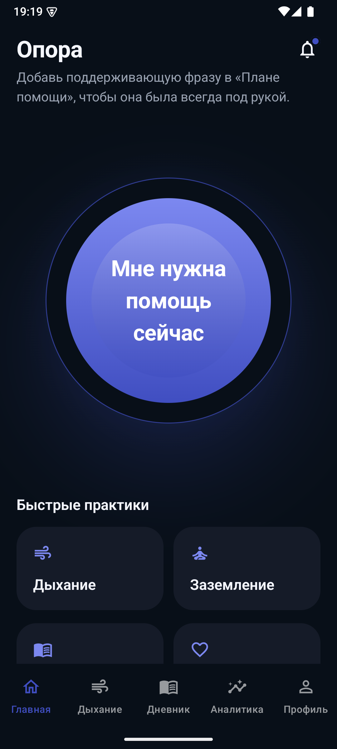 Главный экран приложения Опора