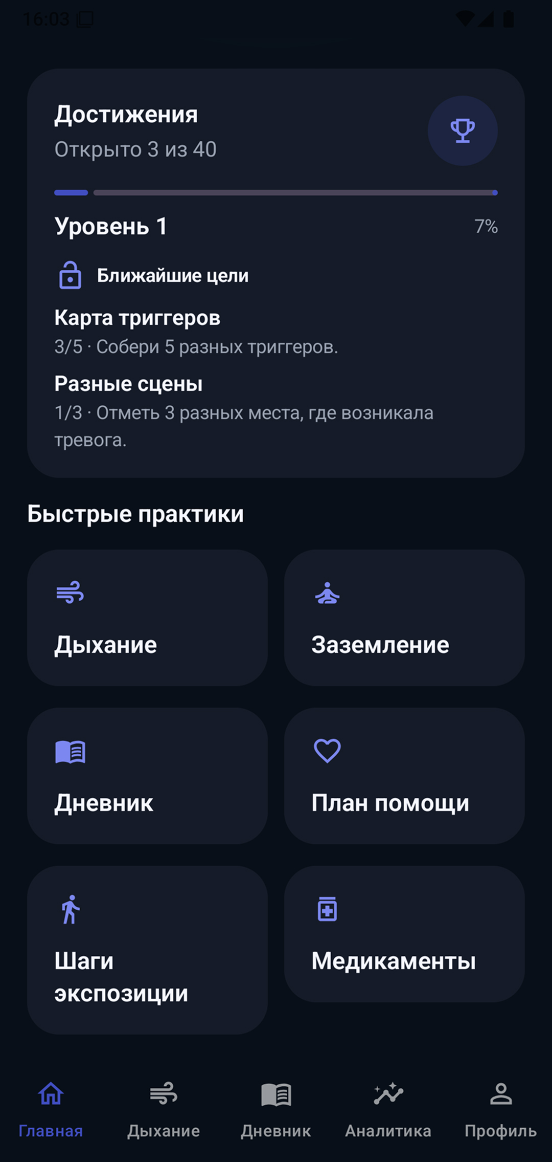 Главный экран с быстрыми практиками, достижениями и планом помощи